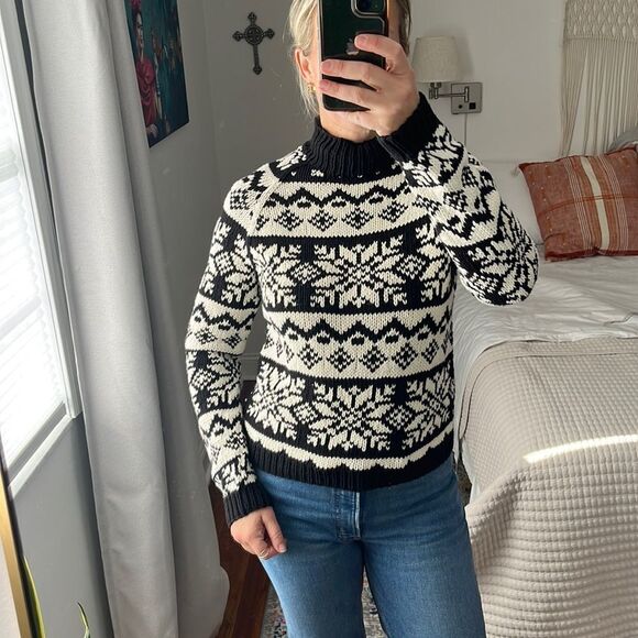 Ann Taylor Sweater Womens Small Black White Fair Isle Mock Neck - Picture 2 of 7